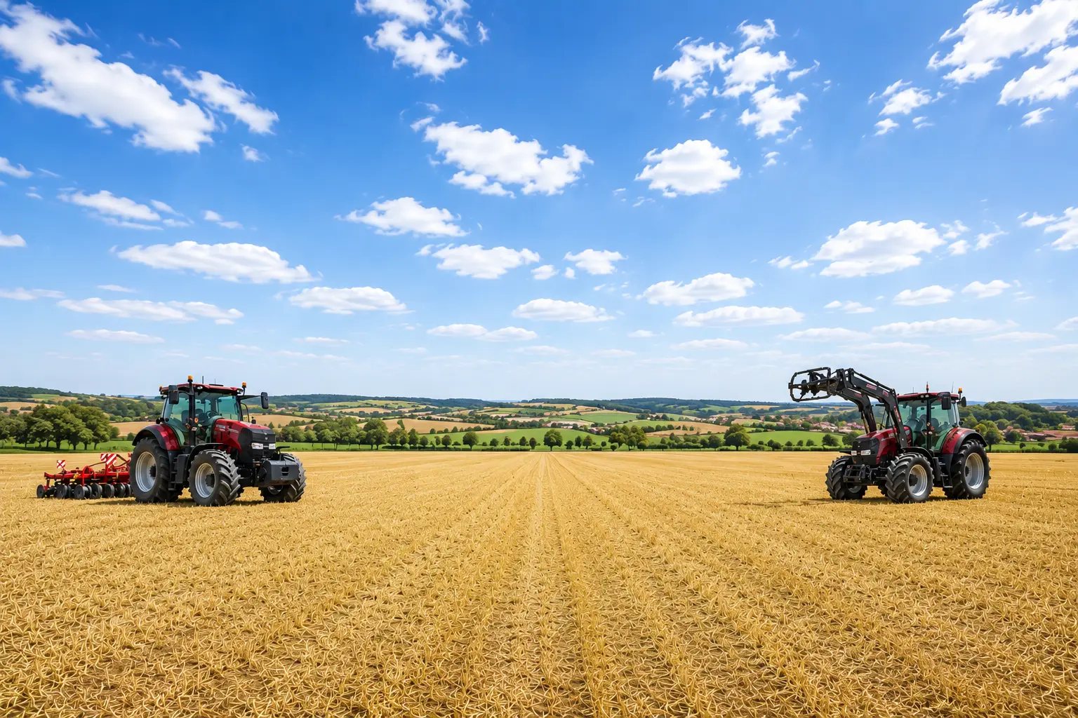 Zwei rote Case-IH-Traktoren auf einem abgeernteten Feld unter blauem Himmel